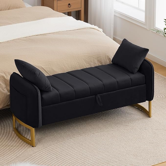 End of Bed Storage Bench, 51'' Velvet Storage Benches for Queen Size Bedroom Foot of Bed, Storage Ottoman Bench with Golden Legs and Pillow for Living Room Window Entryway, Black