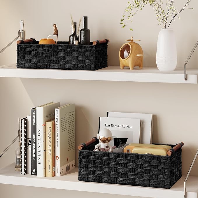 Vagusicc Wicker Storage Basket, Set of 2 Hand-Woven Paper Rope Wicker Basket for Organizing with Handle Decorative Storage Bins for Counter Pantry Shelves Toilet Paper Basket for Toilet Tank Top,Black