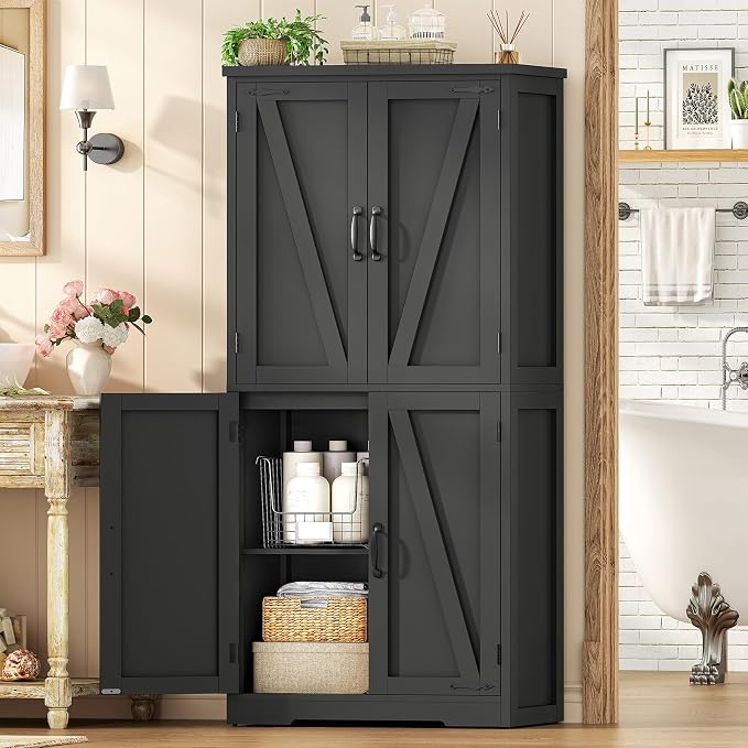 58" H Storage Cabinet with Adjustable Shelf, Kitchen Cabinet with 4 Doors, Farmhouse Pantry Cabinets, Cupboard for Kitchen, Bathroom, Living Room, Black