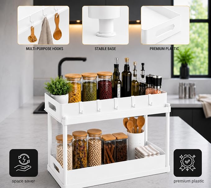 Expandable Under Sink Organizer_2 Tier Under Cabinet Organizer - Double Pull Out Shelf Under Sink Storage for Kitchen, Bathroom and Laundry Room - Multipurpose Space Saving Organizer (White)