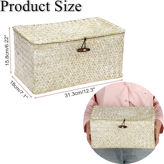 Hipiwe Seagrass Storage Basket Bins with Lid Handwoven Wicker Shelf Baskets | Rectangular Basket Household Organizer Boxes for Shelf Closet Bedroom Home Decor, Whitewash Medium