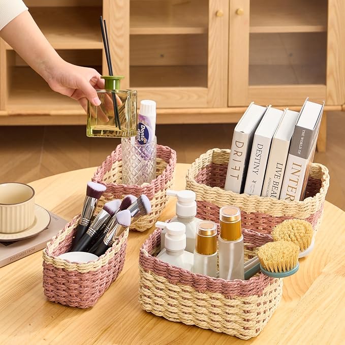 4PCS Woven Storage Baskets Set, Small Baskets for Organizing, Square Handwoven Paper Rope Organizer Bins for Shelves and Home Storage (Natural & Pink)