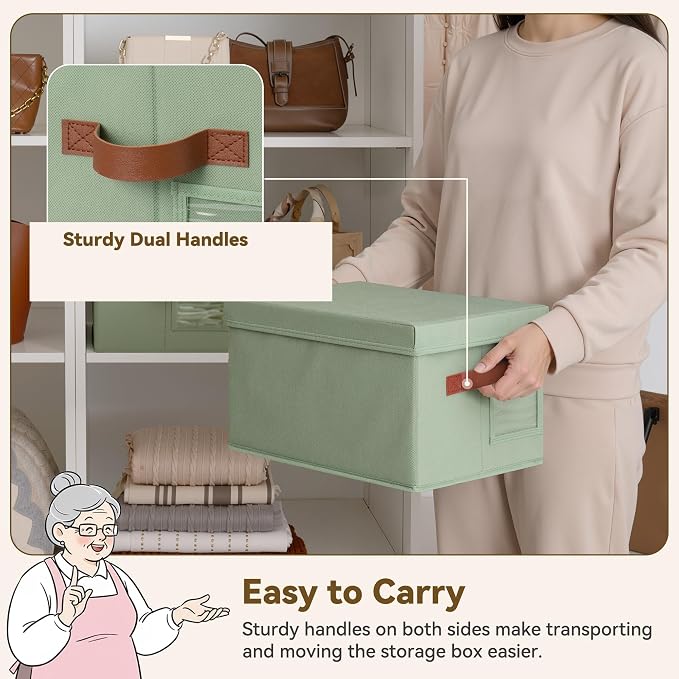 GRANNY SAYS Storage Basket with Lid, Linen Fabric Storage Bins with Label, Decorative Storage Boxes, Clothes Storage and Organization, Memory Keepsake Box, 3-Pack, Green