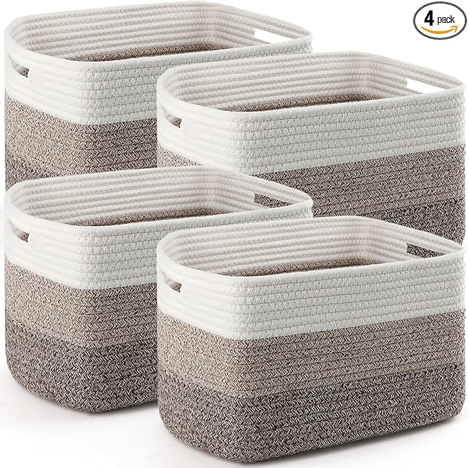 4 Pack Storage Baskets for Organizing, 11''Lx9''Wx8''H Woven Baskets for Storage Toys, Towels, Books, and Clothes, Cotton Rope Basket for Shelves with Handle