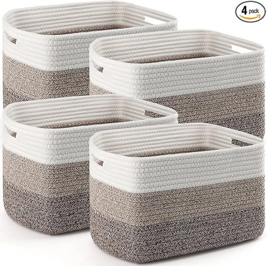 4 Pack Storage Baskets for Organizing, 11''Lx9''Wx8''H Woven Baskets for Storage Toys, Towels, Books, and Clothes, Cotton Rope Basket for Shelves with Handle
