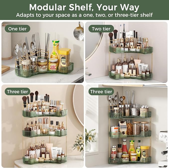 BEFSOP Corner Bathroom Counter Organizer, Upgraded 2-Tier Makeup Organizer Countertop with Makeup Brush Holder, Skincare Exquisite Vanity Organizers Countertop Bathroom Storage Dresser(Green)
