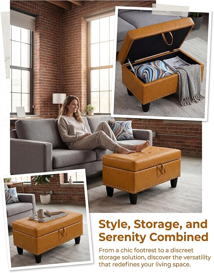 Ottoman with Storage, 28.5 inch Faux Leather Storage Ottoman with Padded Seat, Large Entryway Bench with Solid Wood Frame, Upholstered Sturdy Foot Rest for Living Room, Bedroom, Entryway