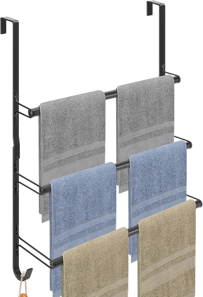 Livabber 3-Tier Over The Door Towel Rack, All Metal Towel Rack with Hooks for Door Hanging, Behind Door Towel Bar Towel Storage Holder for Bathroom Accessories, Black (19.37" L x 5.9" W x 24.4" H)