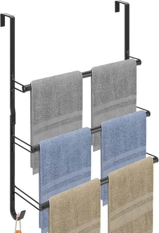 Livabber 3-Tier Over The Door Towel Rack, All Metal Towel Rack with Hooks for Door Hanging, Behind Door Towel Bar Towel Storage Holder for Bathroom Accessories, Black (19.37" L x 5.9" W x 24.4" H)