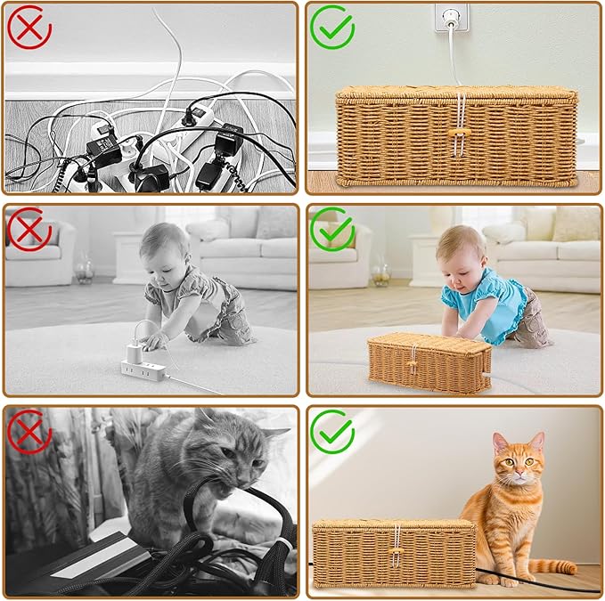 Cable Management Box, Handmade Rattan Cable Organizer Cord Basket | Open Slots Cords Hider Box Under Desk Cord Organizer for Computer Router USB Hub & Power Strip