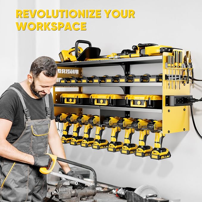 POKIPO Large Power Tool Organizer Wall Mount with Charging Station,4 Layer Heavy Duty Metal Storage Rack Loads 600lbs with 8 Cordless Drill Holder,Battery Utility Rack Gift for Garage workshops Room