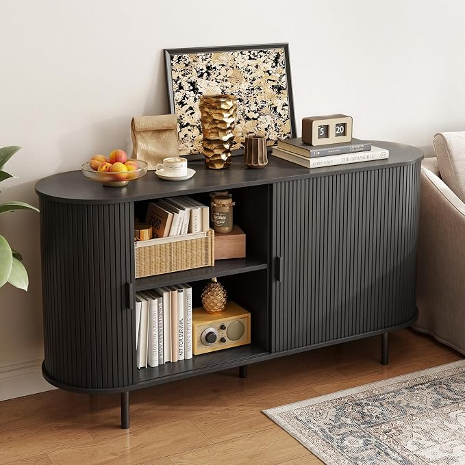 55" Sideboard Buffet Cabinet with Storage, Storage Cabinet with Sliding Door & Adjustable Shelf, Modern Accent Coffee Bar Cabinet Console Table for Kitchen, Entryway, Black