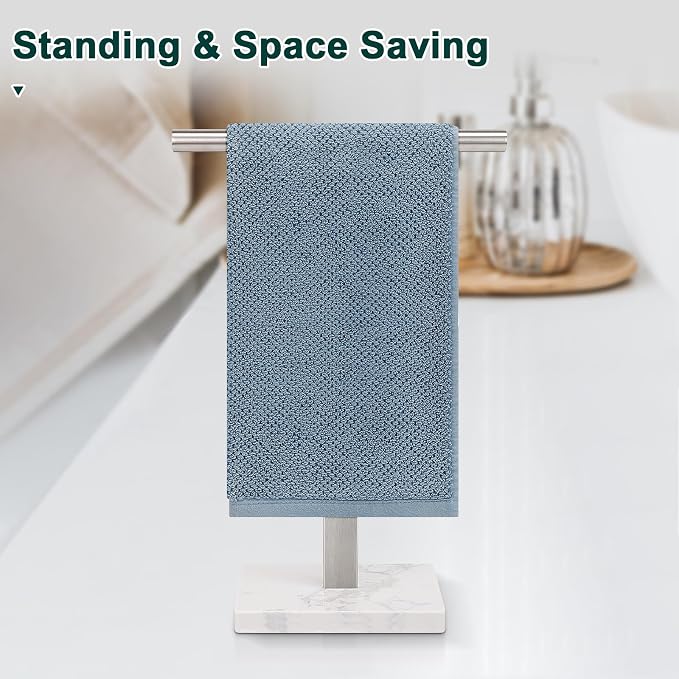 Hand Towel Holder, T-Shape Hand Towel Stand for Bathroom, Hand Towel Rack Bar Standing for Vanity Kitchen Countertop, 304 Stainless Steel (Marble Base, Brushed)