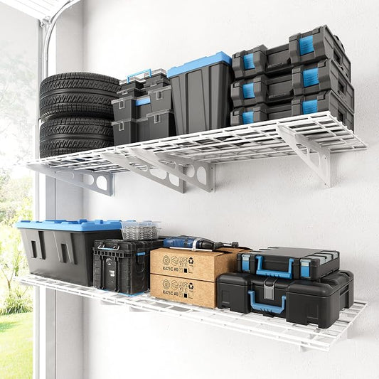 FLEXIMOUNTS 4-Pack 2x3ft Garage Shelving, 24"x72" Storage Shelves, White | Heavy-Duty Garage Shelving Wall Mounted, 1400 lbs Load Capacity, Garage Wall Shelving for Garage, Workshop, Classic Series