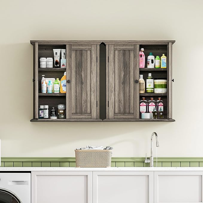 ChooChoo Bathroom Wall Cabinet with 2 Doors, Over The Toilet, Farmhouse | 8.8"D x 21.1"W x 24"H, Medicine Cabinet, Adjustable Shelves, Cupboard, Retro Grey