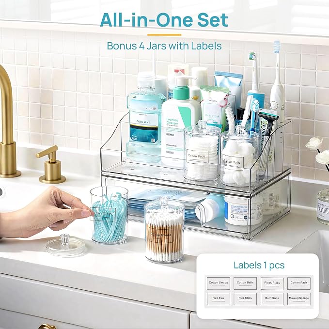 Vtopmart 6 PCS Bathroom Countertop Organizer Sets | 1 Divided Tray, 4 Qtip Holder Jars, 1 Drawers, Clear Organizers, For Toothbrush, Cotton Pads, Vanity Accessories