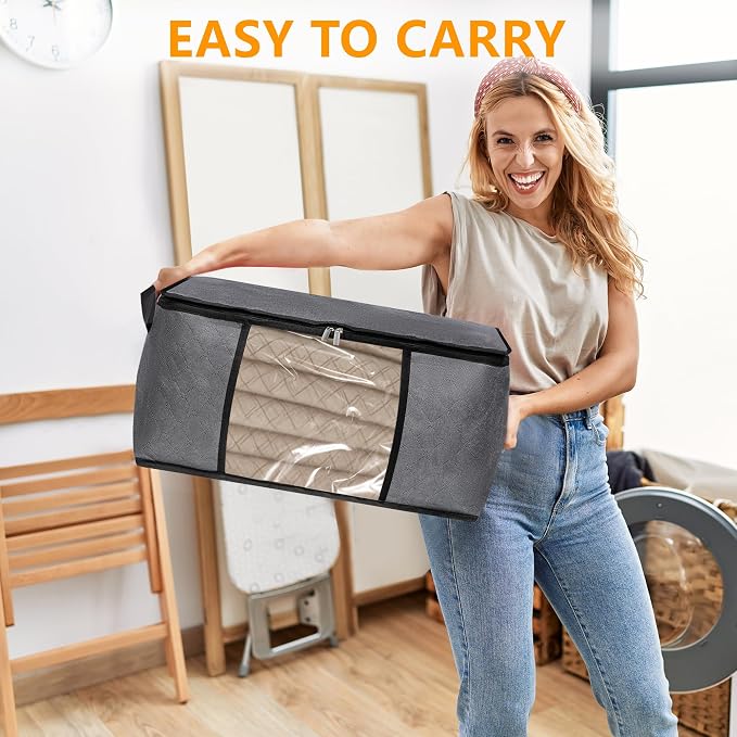 BiCINE 8 Pack Clothes Storage Bags with Zipper, 45L Foldable Blanket Storage Bag with Clear Window Sturdy Handles for Closet, Dorm, Pillows, Bedding, Sheet, Comforter, Gray