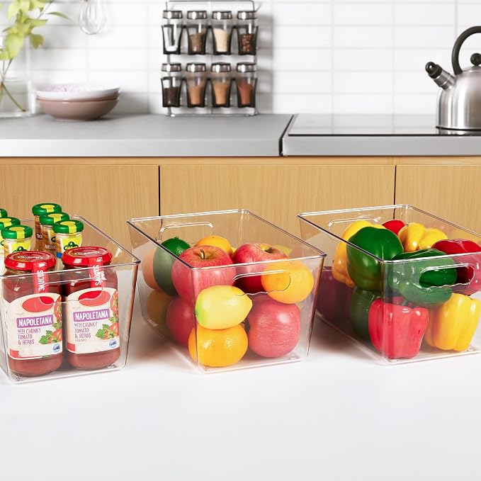 YIHONG 12 Pack Clear Pantry Organizer Bins, Plastic Containers with Handle for Kitchen,Freezer,Cabinet,Closet,Bathroom Under Sink Storage