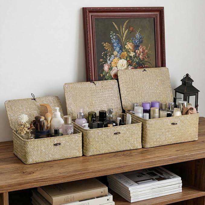 Nonam Storage Basket with Lid, Natural Seagrass Bin with Lid Set of 2, Shelf Baskets Multipurpose Container for Boho Decoration, Rectangular Household Storage Boxes for Home Organization-White