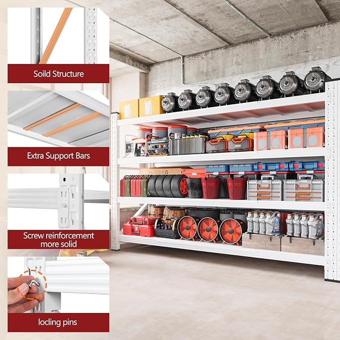RAVIGIN 5000LBS Storage Shelves,60" W Garage Shelving Heavy Duty Metal Adjustable Garage Shelves, Shelving Units Industrial Shelving for Warehouse,60" W x 24" D x 70" H,White