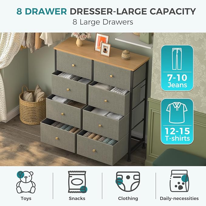 OLIXIS 8 Drawer Storage Dresser for Bedroom, Closet Organizers Units | Fabric Dresser with Wooden Top, Chest of Drawers Clothes Storage, Tower Cabinet, TV Stand Furniture, Dark Green