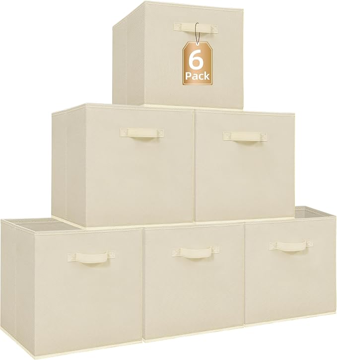 STORAGE MANIAC Storage Cubes, 13 Inch Collapsible Storage Bins with Handles, 6 Pack Fabric Foldable Bins for Organization, Durable Storage Bins for Closet, Shelves, Offices, 6-Pack Beige