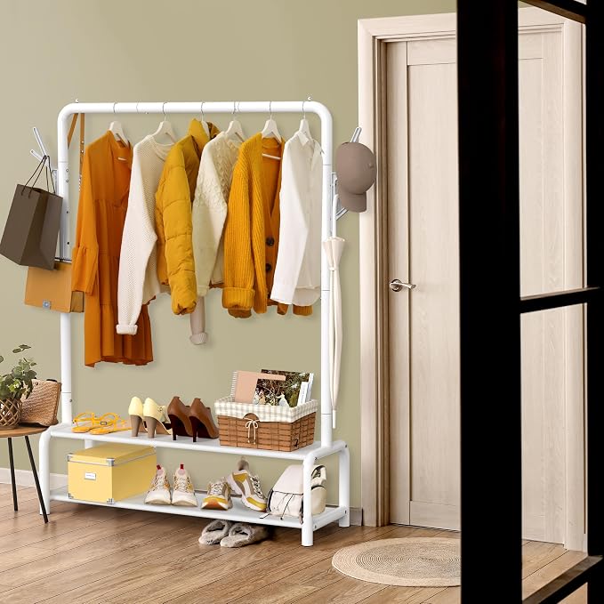 Simple Houseware 52" W Freestanding Closet Garment Rack with Shelves, White | With 600D Fabric Shelves, Hanger Stoppers, and Hooks for Coat & Hat