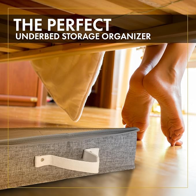 2pc Low Profile Under Bed Storage Containers, Thin Under Couch Storage Organizer with Bins & Lids, Underbed Storage Box Ideal for Seasonal Clothes, Blankets, Fabric & Shoes (LightGray)