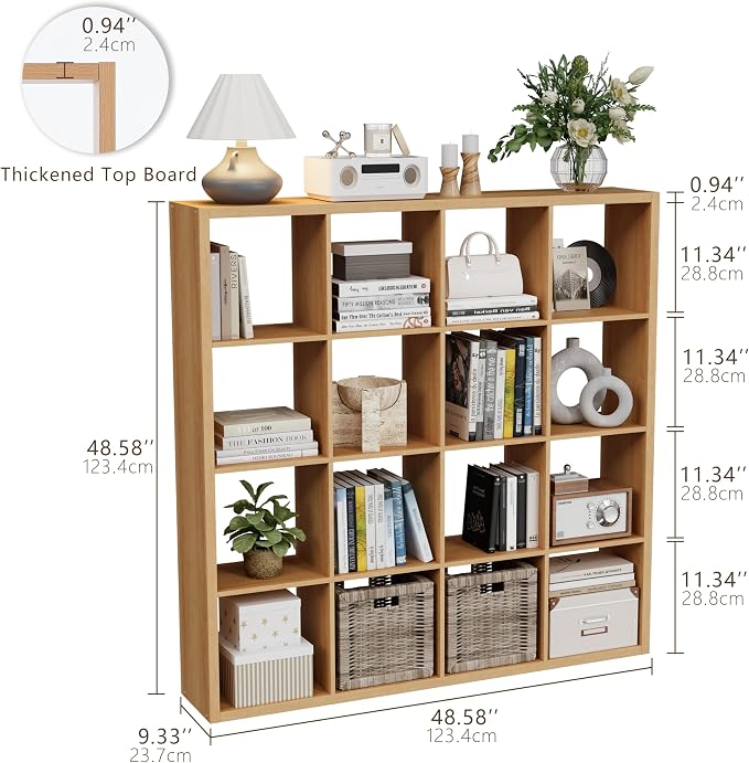 VDNEND Cube Storage Organizer Bookcase, Decorative 11 inch Open Back Cubical Shelf with Thickened Border, Display Bookshelf for Living Room, Home Office, Sturdy Room (Natural Oak, 16 Cube)