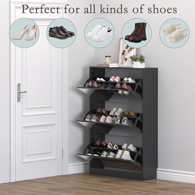 BORNOON Shoe Cabinet with 3-Flip Mirror Drawers, Freestanding Shoe Rack Organizer with Hidden Handle, Slim Narrow Shoe Storage Cabinet for Entryway, Entrance, Hallway, Bedroom