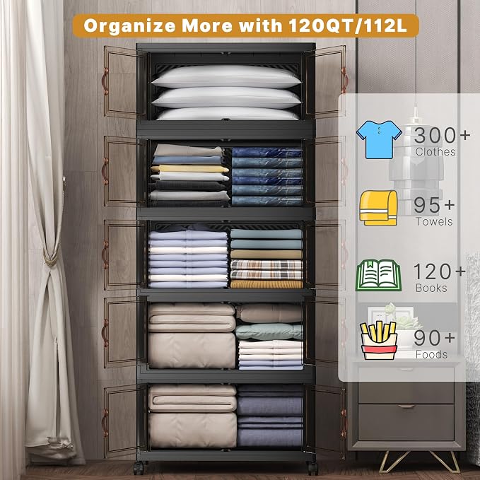 Stackable Storage Bins with Lids, 600QT Closet Organizers and Storage Cabinet with Doors & Wheels, Lockable Plastic Foldable Drawers for Bedroom Dorm Office Garage（120QT*5,Black）