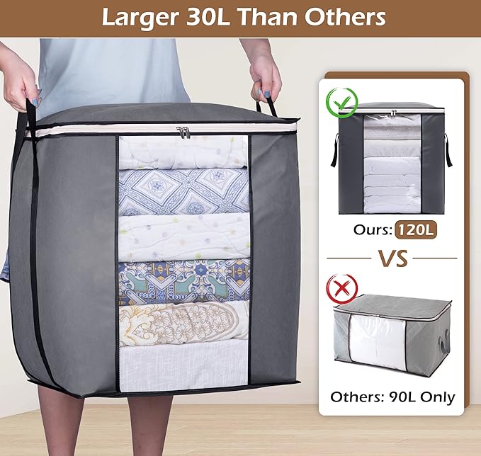 SLEEPING LAMB 120L Extra Large Blanket Storage Bags Breathable Clothes Storage Containers for King Comforter Bedding Pillow Sheet, Grey, 2 Packs