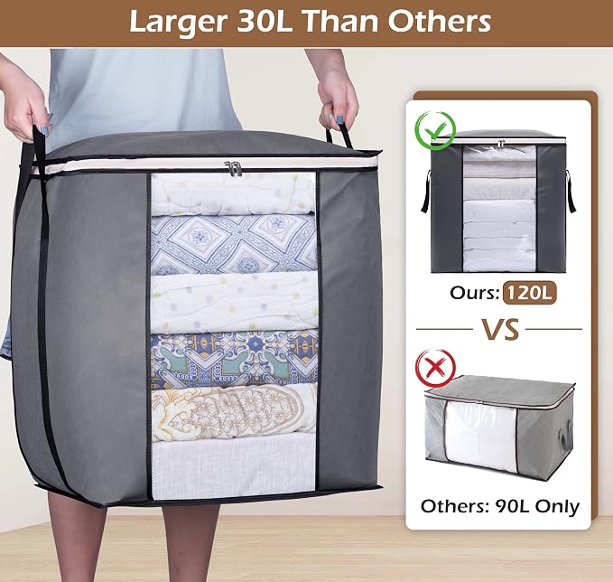 SLEEPING LAMB 120L Oversized Blanket Storage Bags Sturdy Fabric Clothes Storage Containers for King Comforter Bedding Pillow Sheet, Grey, 3 Packs