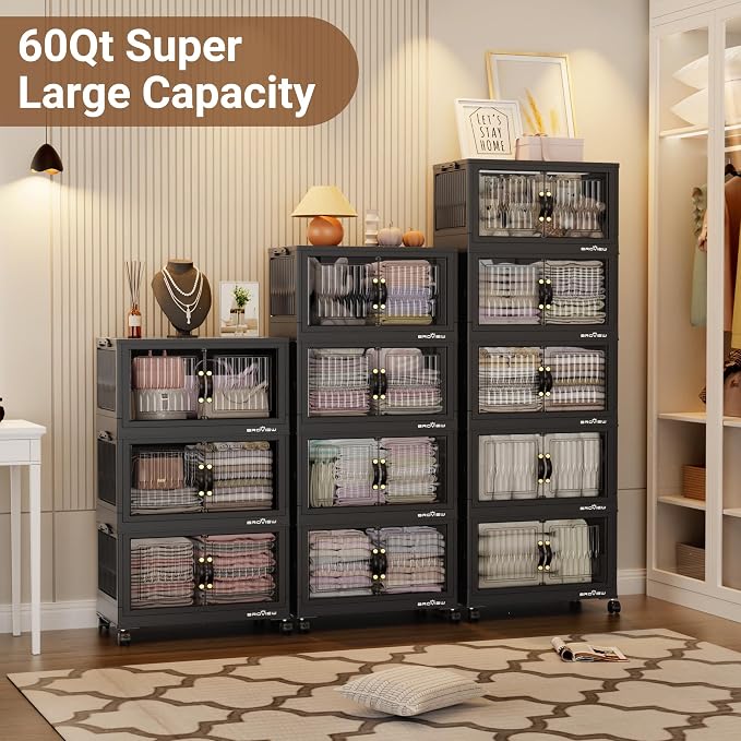 BROVIEW 240 Qt Stackable Storage Bins with Lid, Plastic Closet Organizers and Storage Drawer, Collapsible Storage Box with Wheels, Folding Storage Cabinet for Closet Clothes Organization, 4Pack Black