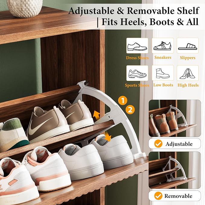 Nicetree Shoe Storage Cabinet for Entryway - 4 Flip Drawers Shoe Cabinet with Tiered Fluted Design - Slim Shoe Storage Rack with Gold Legs - Narrow Shoe Cabinet Hidden Shoe Organizer for Small Spaces