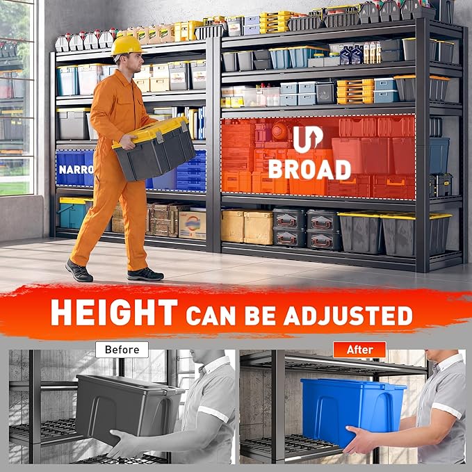REIBII 48.2''W Garage Shelving Heavy Duty, Adjustable Shelves for Basement | 3000LBS Storage Shelves,Reinforcing Ribs Wire Mesh,5-Tier Shelf for Pantry Warehouse Supermarket,48.2"W x 24.2"D x 72.2"H