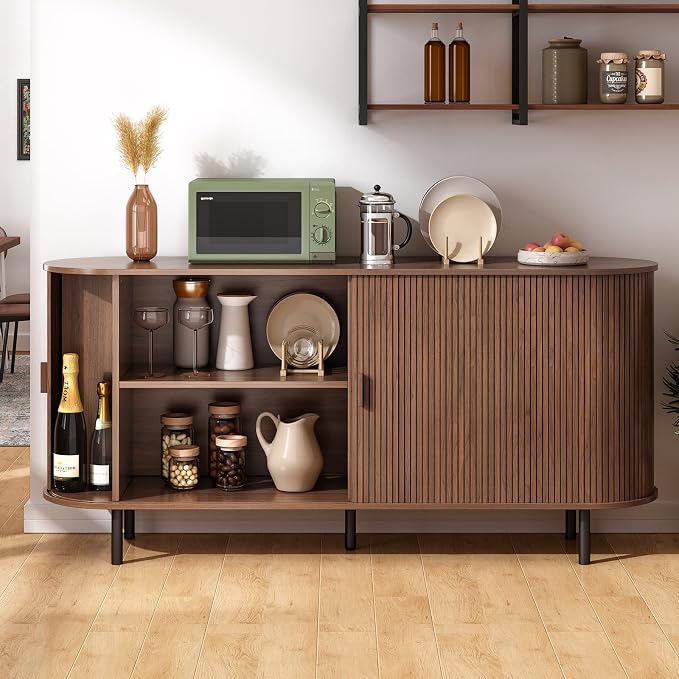 63" Sideboard Buffet Cabinet with Storage, Storage Cabinet with Sliding Door & Adjustable Shelf, Modern Accent Coffee Bar Console Table for Kitchen, Entryway, Walnut