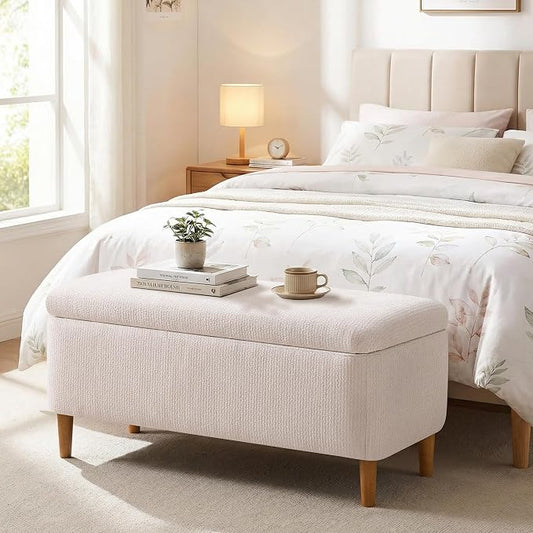 39.4" Ottoman with Storage Upholstered Storage Bench for Living Room | Modern Fabric End of Bed Bench Footstool with Wooden Legs Ottoman Bench for Window Hallway Entryway Bedroom Beige