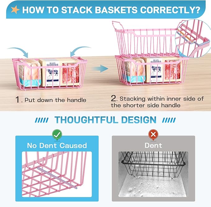 SUNALLY Freezer Organizer Bins, 4 Pack Stackable Pantry Storage Bins, Pink | Chest Freezer Organizer for 5-7 Cu.FT Deep Freezer to Sort Frozen Meats & Food, Wire Baskets for Pantry Organizers & Storage