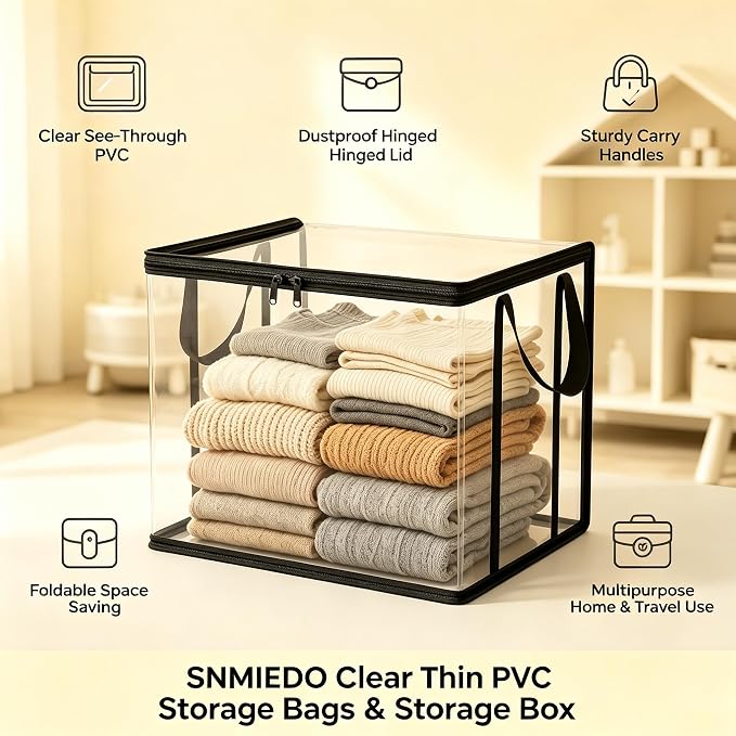 Clear Thin PVC Storage Bags - Lightweight Foldable Storage Bins with Hinged Lid & Handles, Reusable Clear Closet Organizer Containers for Clothes, Blankets, Textbooks, Toys, Travel
