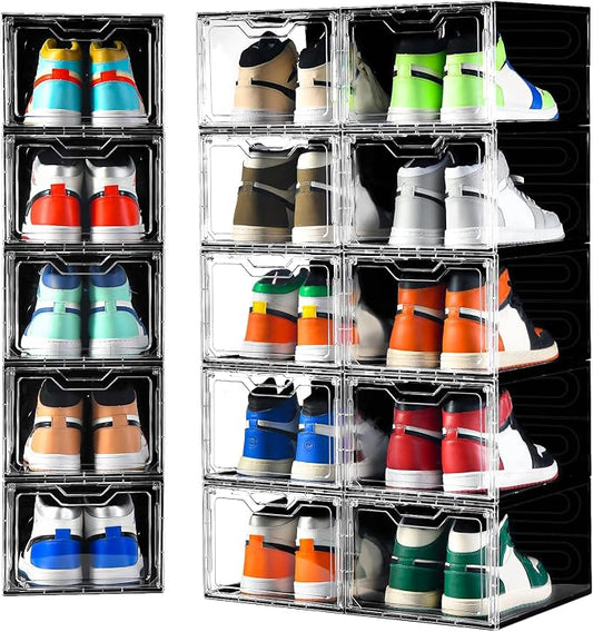 Clemate Upgraded X-Large Shoe Organizer,Shoe Storage Organizer,12 Pack,Shoe Box Clear Plastic Stackable,Drop Front Shoe Box with Clear Door, Shoe Containers For Sneaker Display,Fit up to US Size12