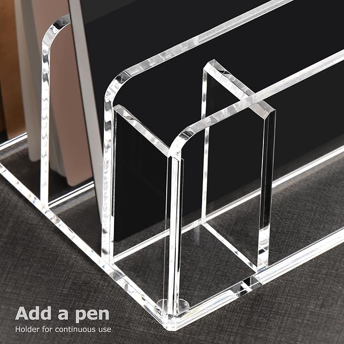Acrylic Mail Sorter Desk Organizer with Pen Holder, 5 Compartments Clear | Small File Script Letter Document Storage for Desktop Bill Filling Envelope Holder Office, Home, School Organization
