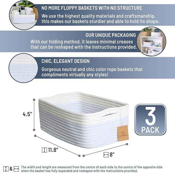 NaturalCozy 11.8"x8"x4.5” Rectangle Storage Baskets for Shelves 3 Pack | Cotton Rope Woven Small Baskets for Organizing | Small Storage Bins for Nursery, Bathroom, Closet, Shelf, Decorative, Gift
