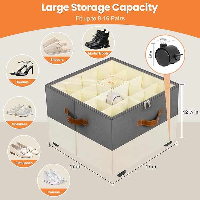 Foyego 2 Pack Shoe Organizer for Closet, with Wheels, Beige and Grey | Fits 32 Pairs, with Adjustable Dividers and Clear Cover, Saving Space Foldable Fabric Closet Shoe Storage Organizer Box Bins