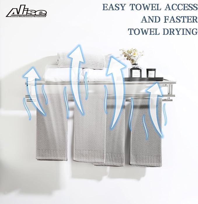 Alise 28 Inch Double Towel Rack for Bathroom Wall Mounted,Polished Chrome | Bathroom Tower Holder Towel Shelf with Double Towel Bars,SUS304 Stainless Steel Towel Rack with Shelf