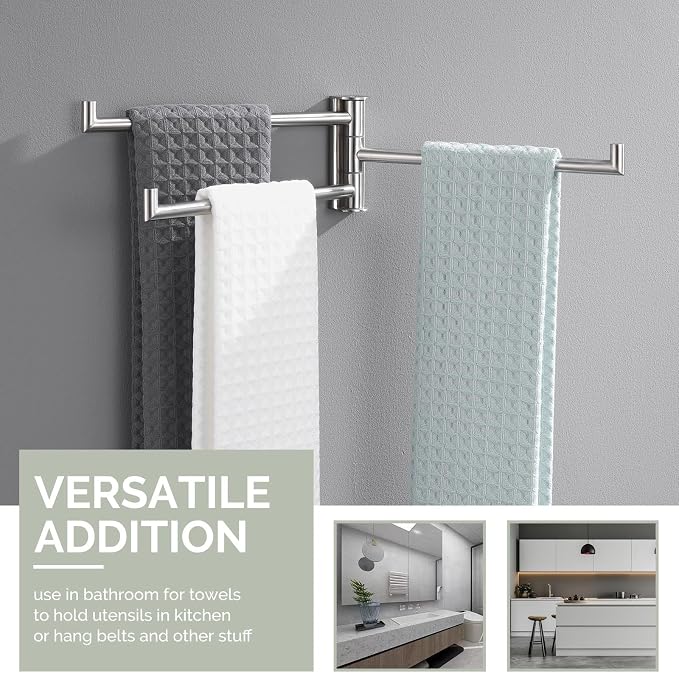 Angle Simple Swivel Hand Towel Holder 3 Bars, Brushed Nickel, 9.84" | SUS304 Stainless Steel Bathroom Kitchen Towel Rack Hanger, Fold Flat to the Wall, Screws Mount