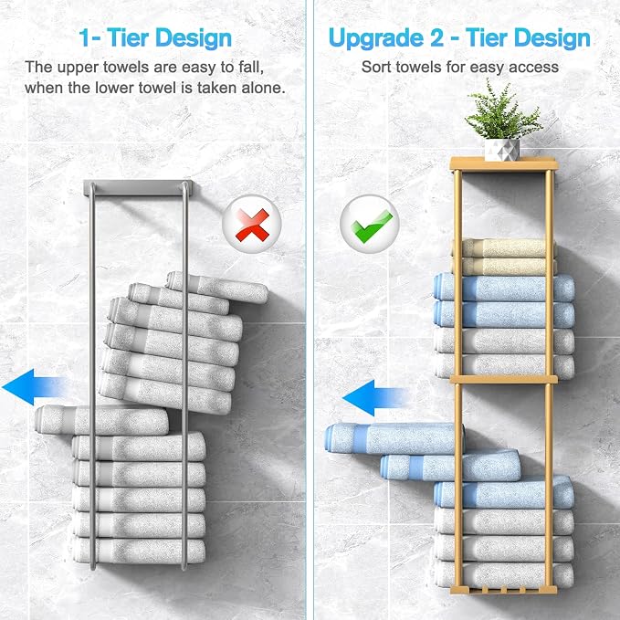 Liuoud Towel Rack for Bathroom, Wall Mounted Vertical Rolled Towel Storage Organizer Holder with Shelf, Holds Up 6 Large Bath Sheets, Gold
