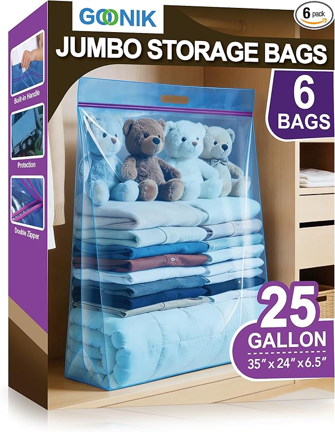 GOONIK 25 Gallon Jumbo Storage Bags with Zipper and Handle for Clothes Pillow Travel Moving, Extra Large, 35” x 24”, Blue, Pack of 6