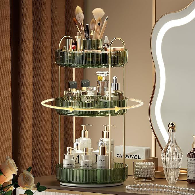 YCIA&DONE Rotating Makeup Organizer for Vanity, Large Capacity Make Up Storage Skin care Shelf Perfume Holders Cosmetic Dresser Organizer Countertop Spinning 360 (Vintage Green, 3Tiers)