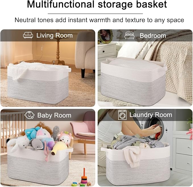 OIAHOMY Extra Large Blanket Basket, 95L Cotton Rope Woven Laundry Basket, Toy Bin for Baby Room, Container for Blanket Storage in Living Room, 24''×17''×14'', Black & White